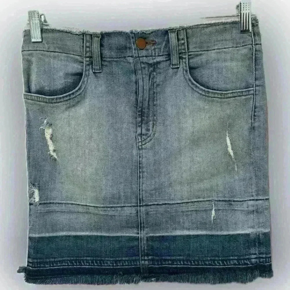 J Brand | Distressed Frayed Hem Blue Jean Medium to dark Wash Mini Skirt Sz 27 4 - Picture 1 of 7